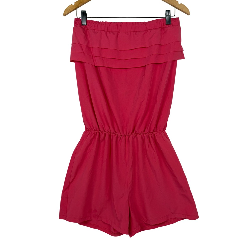 Day & Night Romper Womens Medium Pink Strapless Ruffle Tiered Elastic Waist Zip‎